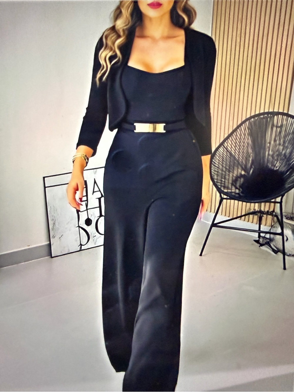 Black Wide-Leg Jumpsuit with Gold Buckle Belt and Crop Jacket - NWOT Size S